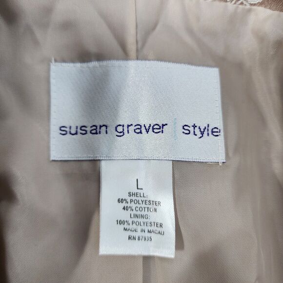 Susan Graver Jacket Large Floral Jacquard Ribbon Trim Button Tan Gold A44774 - Picture 11 of 14